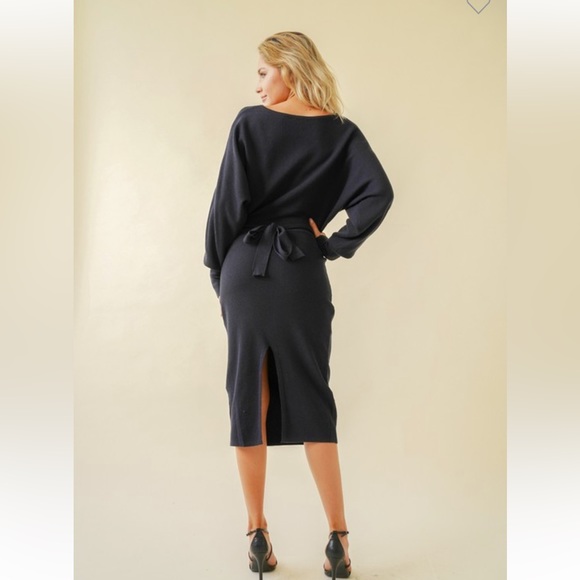 🆕Sweater Dress Dolman Sleeve Boat Neck Navy Belted Waist S, M & L Available - Picture 5 of 7